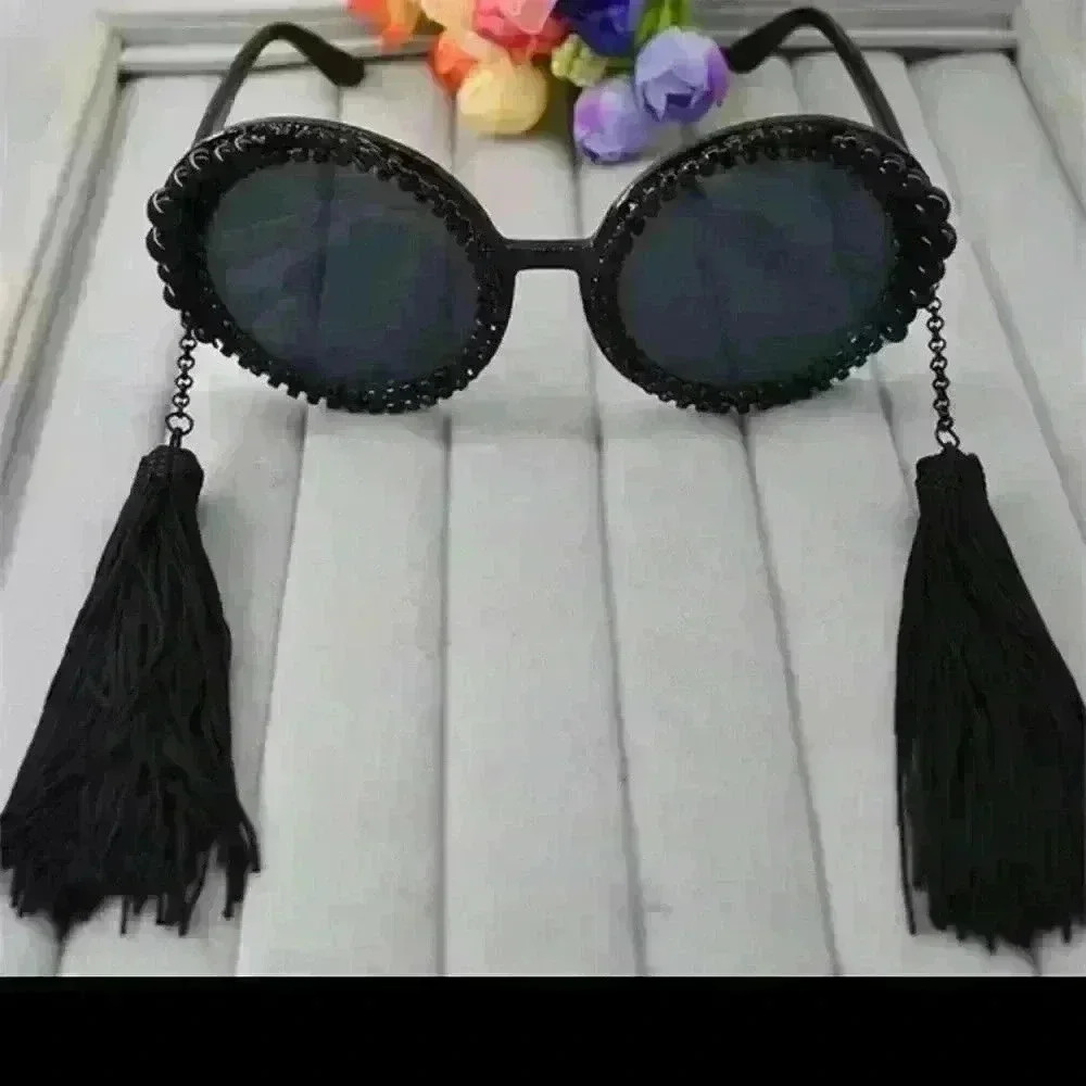 Baroque round tassel pearl rhinestones decoration sun large frame sunglasses - Picture 3 of 3